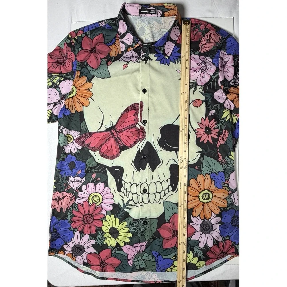 Men's Skull Floral Button Up Shirt 2XL Hawaiian Camp‎ Rockabilly